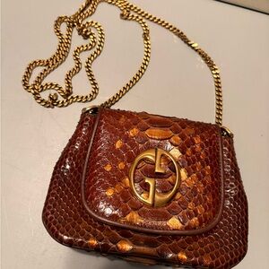 Gucci Brown and Gold Python-Embossed Crossbody Bag with Gold Chain
